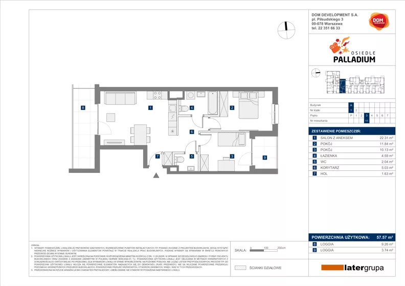3 pokoje, mieszkanie 57,57 m², piętro 3, oferta nr A/11, Osiedle Palladium, Warszawa, Białołęka, Nowodwory, ul. Mieczysławy Ćwiklińskiej