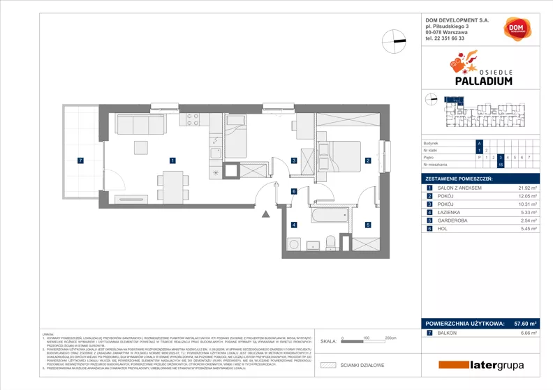 3 pokoje, mieszkanie 57,60 m², piętro 3, oferta nr A/15, Osiedle Palladium, Warszawa, Białołęka, Nowodwory, ul. Mieczysławy Ćwiklińskiej