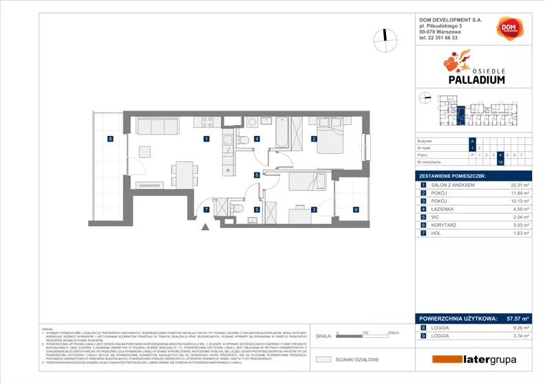 3 pokoje, mieszkanie 57,57 m², piętro 4, oferta nr A/16, Osiedle Palladium, Warszawa, Białołęka, Nowodwory, ul. Mieczysławy Ćwiklińskiej