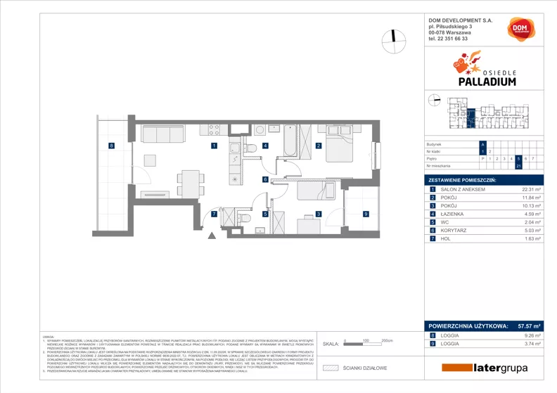 3 pokoje, mieszkanie 57,57 m², piętro 5, oferta nr A/21, Osiedle Palladium, Warszawa, Białołęka, Nowodwory, ul. Mieczysławy Ćwiklińskiej