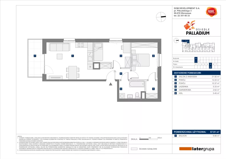 3 pokoje, mieszkanie 57,91 m², piętro 5, oferta nr A/25, Osiedle Palladium, Warszawa, Białołęka, Nowodwory, ul. Mieczysławy Ćwiklińskiej
