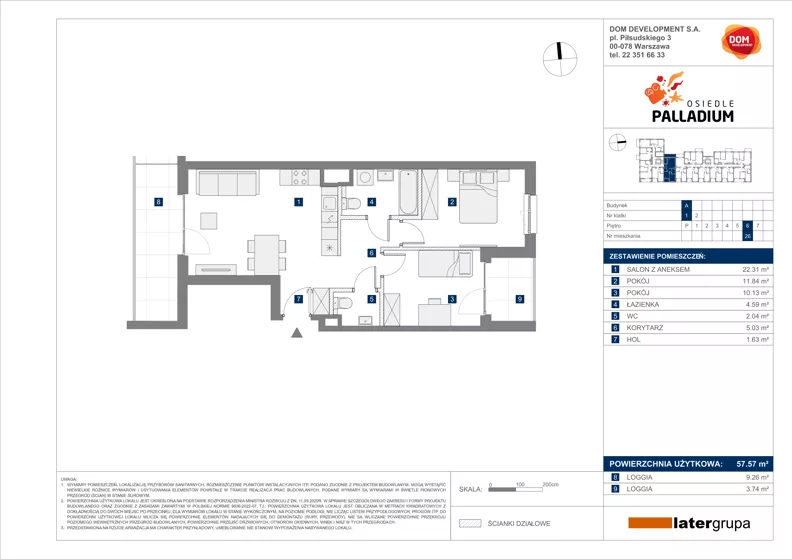 3 pokoje, mieszkanie 57,57 m², piętro 6, oferta nr A/26, Osiedle Palladium, Warszawa, Białołęka, Nowodwory, ul. Mieczysławy Ćwiklińskiej