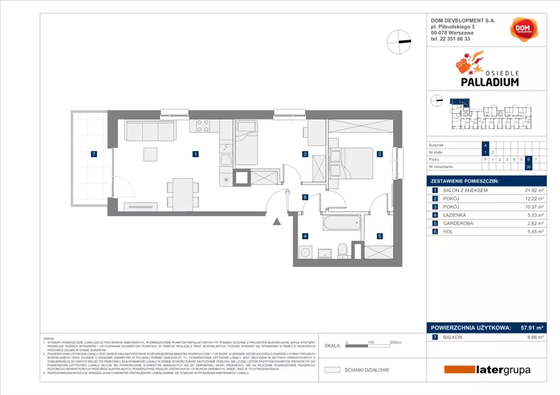 3 pokoje, mieszkanie 57,91 m², piętro 6, oferta nr A/30, Osiedle Palladium, Warszawa, Białołęka, Nowodwory, ul. Mieczysławy Ćwiklińskiej