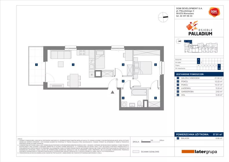 3 pokoje, mieszkanie 57,91 m², piętro 7, oferta nr A/33, Osiedle Palladium, Warszawa, Białołęka, Nowodwory, ul. Mieczysławy Ćwiklińskiej