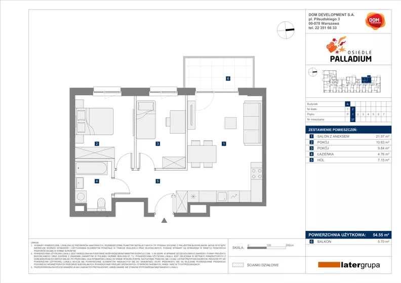 3 pokoje, mieszkanie 54,55 m², piętro 1, oferta nr A/37, Osiedle Palladium, Warszawa, Białołęka, Nowodwory, ul. Mieczysławy Ćwiklińskiej