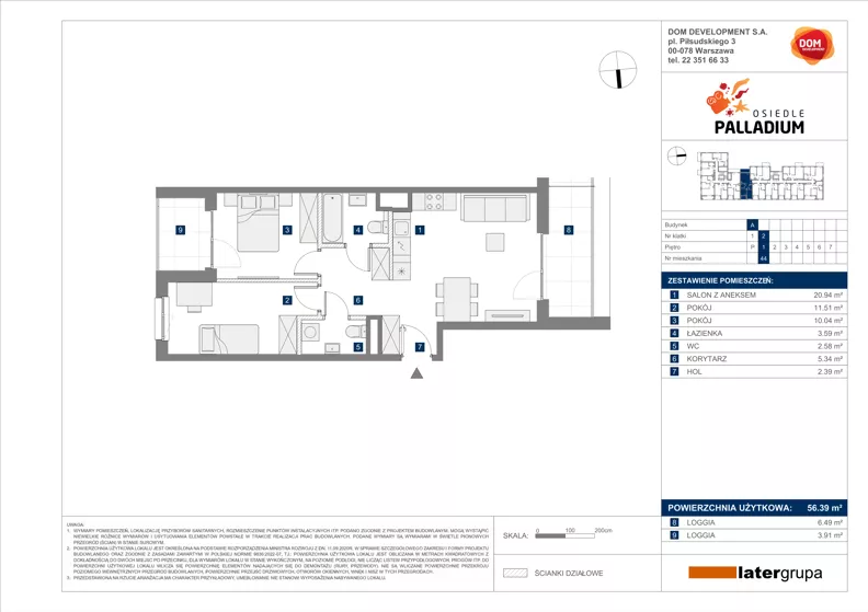 3 pokoje, mieszkanie 56,39 m², piętro 1, oferta nr A/44, Osiedle Palladium, Warszawa, Białołęka, Nowodwory, ul. Mieczysławy Ćwiklińskiej