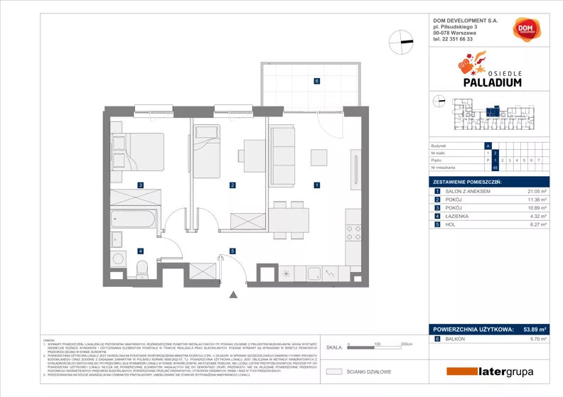 3 pokoje, mieszkanie 53,89 m², piętro 1, oferta nr A/45, Osiedle Palladium, Warszawa, Białołęka, Nowodwory, ul. Mieczysławy Ćwiklińskiej