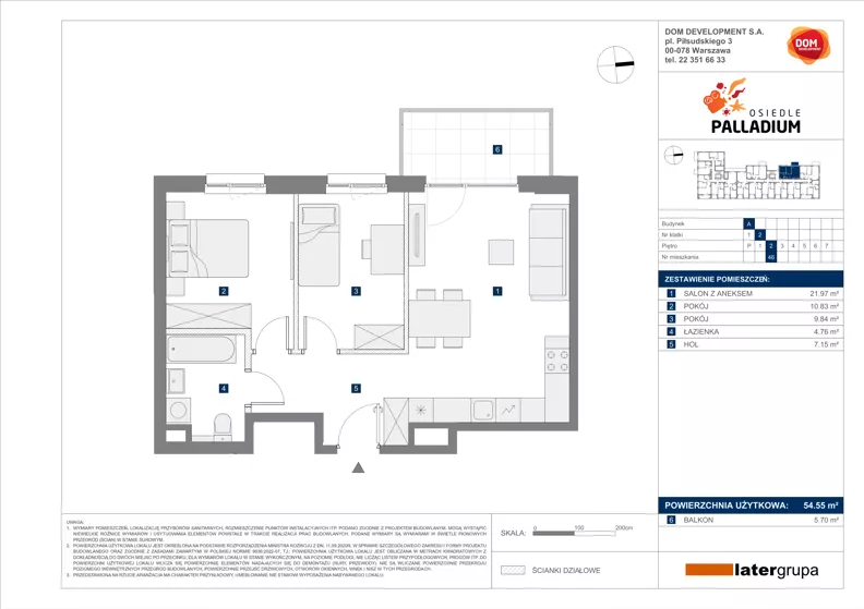 3 pokoje, mieszkanie 54,55 m², piętro 2, oferta nr A/46, Osiedle Palladium, Warszawa, Białołęka, Nowodwory, ul. Mieczysławy Ćwiklińskiej