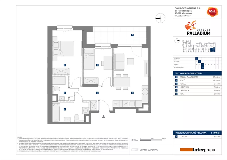 3 pokoje, mieszkanie 54,99 m², piętro 2, oferta nr A/48, Osiedle Palladium, Warszawa, Białołęka, Nowodwory, ul. Mieczysławy Ćwiklińskiej
