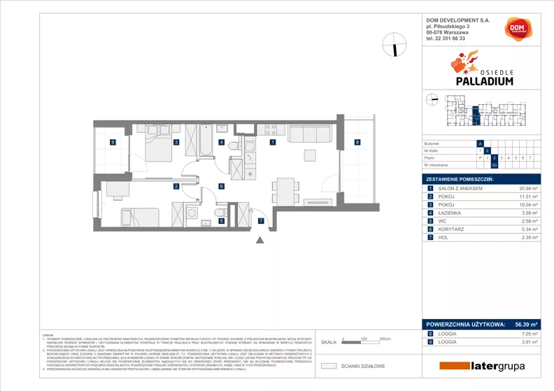3 pokoje, mieszkanie 56,39 m², piętro 2, oferta nr A/53, Osiedle Palladium, Warszawa, Białołęka, Nowodwory, ul. Mieczysławy Ćwiklińskiej