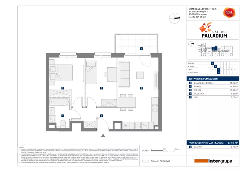 3 pokoje, mieszkanie 53,89 m², piętro 2, oferta nr A/54, Osiedle Palladium, Warszawa, Białołęka, Nowodwory, ul. Mieczysławy Ćwiklińskiej