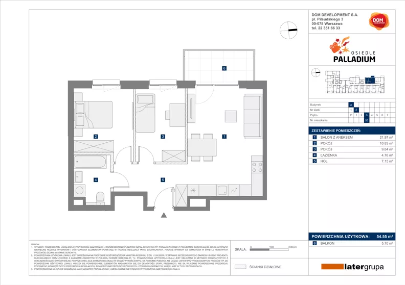 3 pokoje, mieszkanie 54,55 m², piętro 3, oferta nr A/55, Osiedle Palladium, Warszawa, Białołęka, Nowodwory, ul. Mieczysławy Ćwiklińskiej
