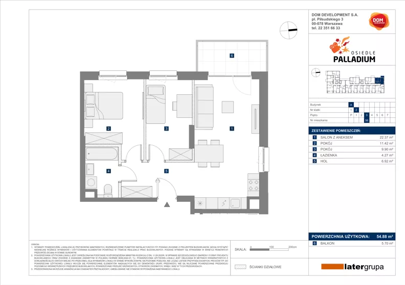 3 pokoje, mieszkanie 54,88 m², piętro 3, oferta nr A/56, Osiedle Palladium, Warszawa, Białołęka, Nowodwory, ul. Mieczysławy Ćwiklińskiej