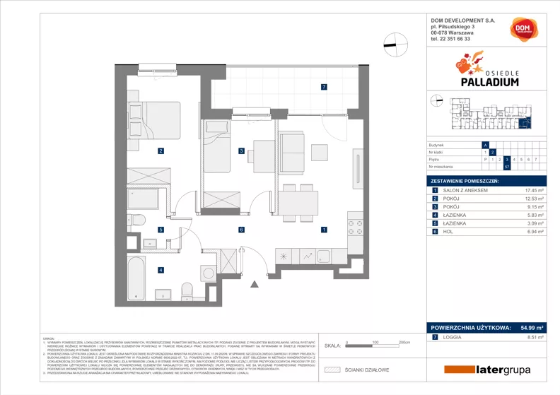 3 pokoje, mieszkanie 54,99 m², piętro 3, oferta nr A/57, Osiedle Palladium, Warszawa, Białołęka, Nowodwory, ul. Mieczysławy Ćwiklińskiej
