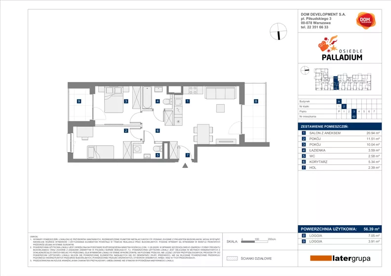 3 pokoje, mieszkanie 56,39 m², piętro 3, oferta nr A/62, Osiedle Palladium, Warszawa, Białołęka, Nowodwory, ul. Mieczysławy Ćwiklińskiej