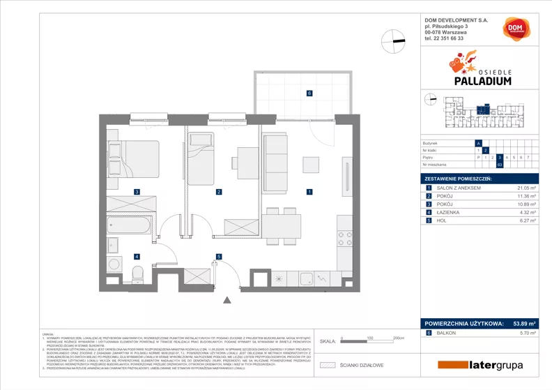 3 pokoje, mieszkanie 53,89 m², piętro 3, oferta nr A/63, Osiedle Palladium, Warszawa, Białołęka, Nowodwory, ul. Mieczysławy Ćwiklińskiej