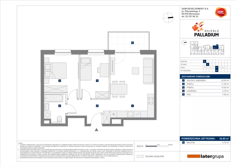 3 pokoje, mieszkanie 54,85 m², piętro 4, oferta nr A/64, Osiedle Palladium, Warszawa, Białołęka, Nowodwory, ul. Mieczysławy Ćwiklińskiej