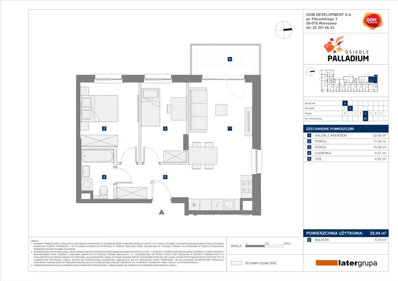 3 pokoje, mieszkanie 55,04 m², piętro 4, oferta nr A/65, Osiedle Palladium, Warszawa, Białołęka, Nowodwory, ul. Mieczysławy Ćwiklińskiej