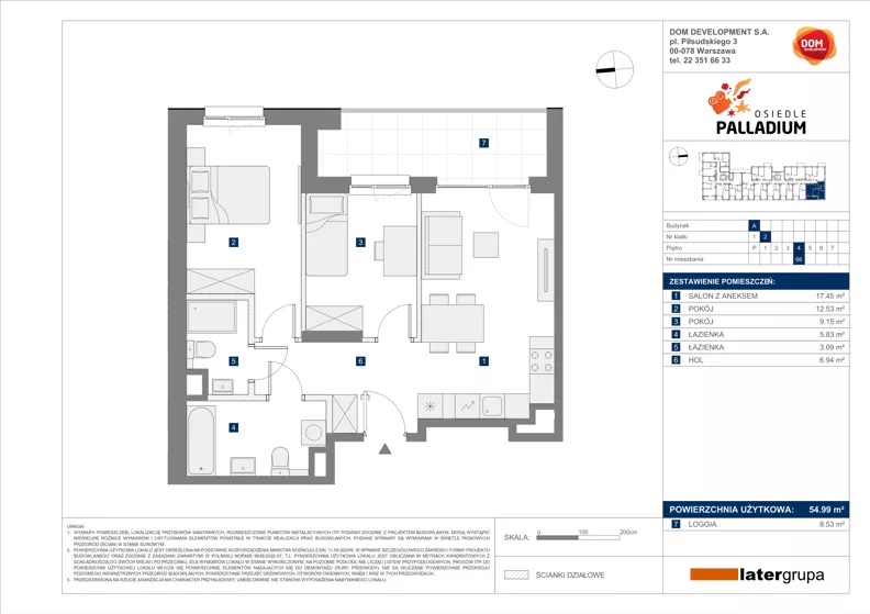 3 pokoje, mieszkanie 54,99 m², piętro 4, oferta nr A/66, Osiedle Palladium, Warszawa, Białołęka, Nowodwory, ul. Mieczysławy Ćwiklińskiej