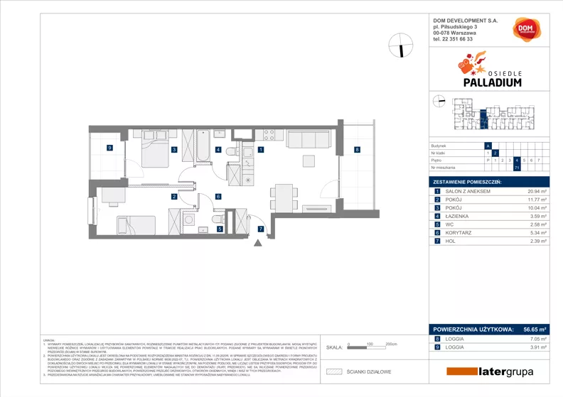 3 pokoje, mieszkanie 56,65 m², piętro 4, oferta nr A/71, Osiedle Palladium, Warszawa, Białołęka, Nowodwory, ul. Mieczysławy Ćwiklińskiej