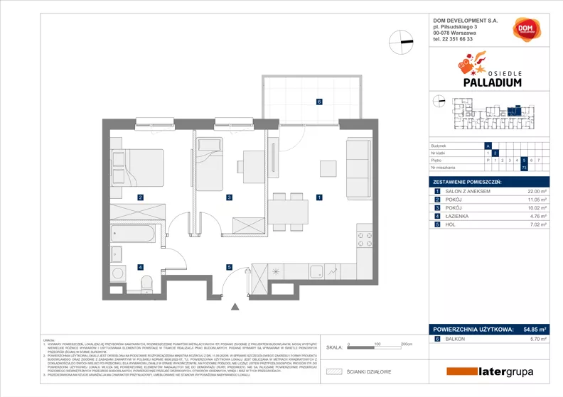 3 pokoje, mieszkanie 54,85 m², piętro 5, oferta nr A/73, Osiedle Palladium, Warszawa, Białołęka, Nowodwory, ul. Mieczysławy Ćwiklińskiej