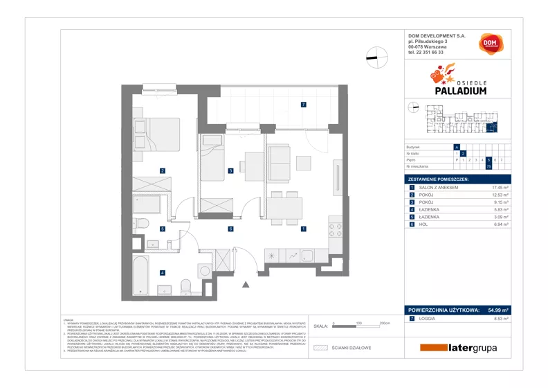 3 pokoje, mieszkanie 54,99 m², piętro 5, oferta nr A/75, Osiedle Palladium, Warszawa, Białołęka, Nowodwory, ul. Mieczysławy Ćwiklińskiej