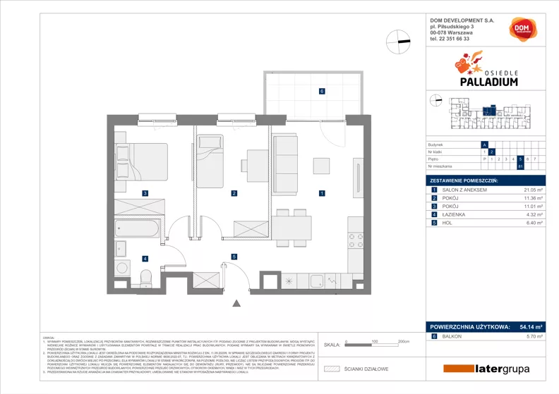 3 pokoje, mieszkanie 54,14 m², piętro 5, oferta nr A/81, Osiedle Palladium, Warszawa, Białołęka, Nowodwory, ul. Mieczysławy Ćwiklińskiej
