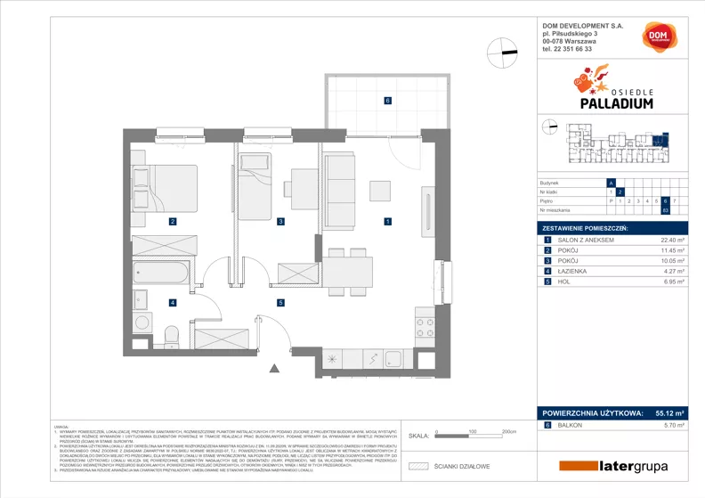 3 pokoje, mieszkanie 55,12 m², piętro 6, oferta nr A/83, Osiedle Palladium, Warszawa, Białołęka, Nowodwory, ul. Mieczysławy Ćwiklińskiej