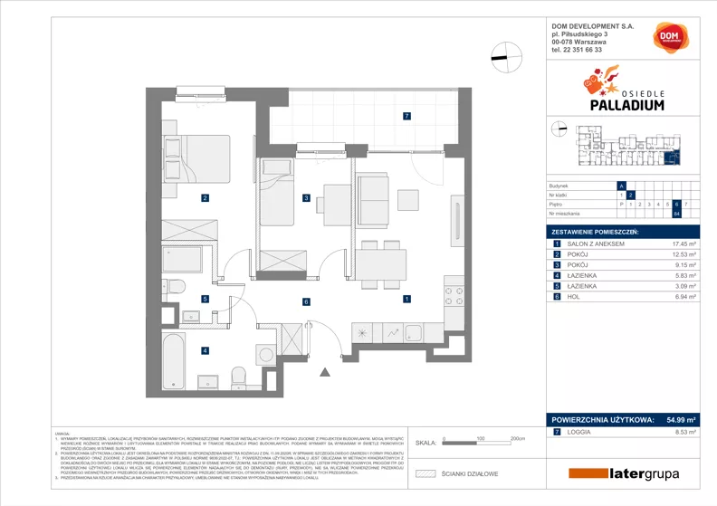 3 pokoje, mieszkanie 54,99 m², piętro 6, oferta nr A/84, Osiedle Palladium, Warszawa, Białołęka, Nowodwory, ul. Mieczysławy Ćwiklińskiej