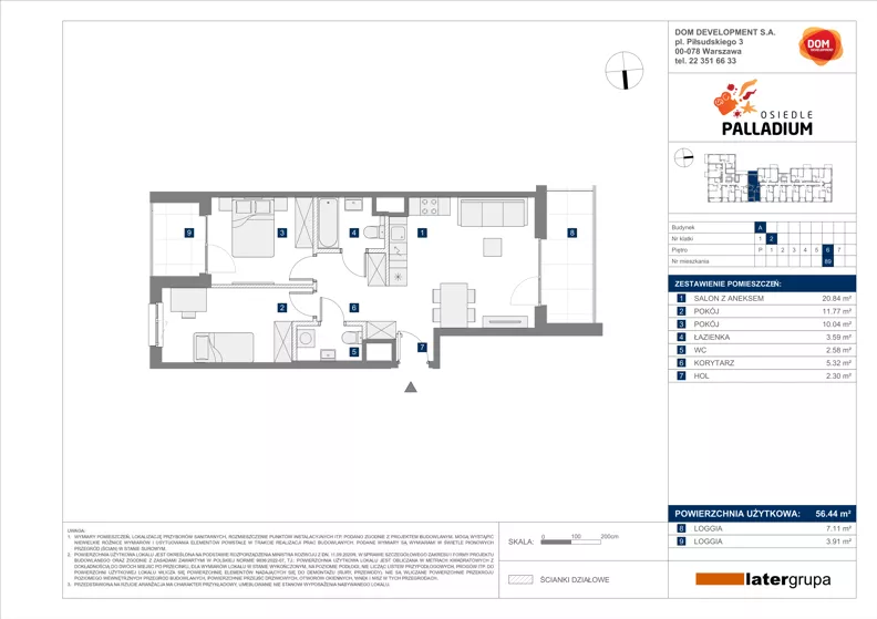 3 pokoje, mieszkanie 56,44 m², piętro 6, oferta nr A/89, Osiedle Palladium, Warszawa, Białołęka, Nowodwory, ul. Mieczysławy Ćwiklińskiej