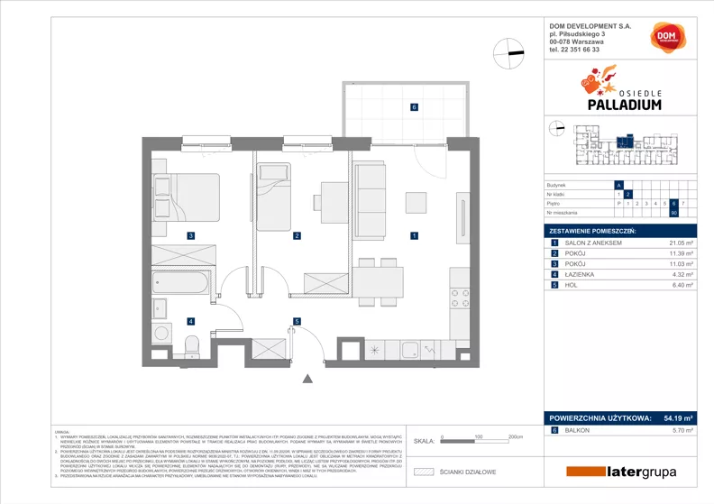 3 pokoje, mieszkanie 54,19 m², piętro 6, oferta nr A/90, Osiedle Palladium, Warszawa, Białołęka, Nowodwory, ul. Mieczysławy Ćwiklińskiej