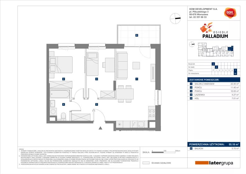 3 pokoje, mieszkanie 55,18 m², piętro 7, oferta nr A/92, Osiedle Palladium, Warszawa, Białołęka, Nowodwory, ul. Mieczysławy Ćwiklińskiej