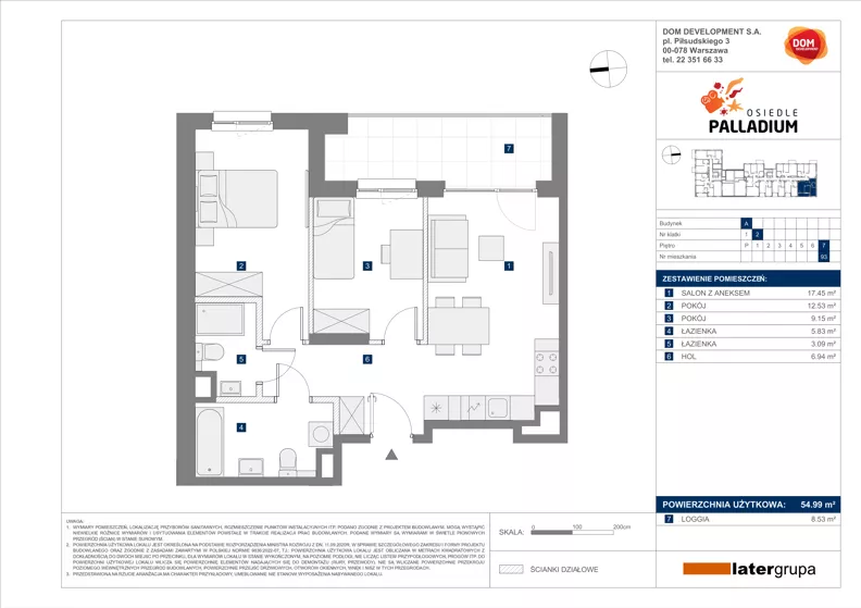 3 pokoje, mieszkanie 54,99 m², piętro 7, oferta nr A/93, Osiedle Palladium, Warszawa, Białołęka, Nowodwory, ul. Mieczysławy Ćwiklińskiej