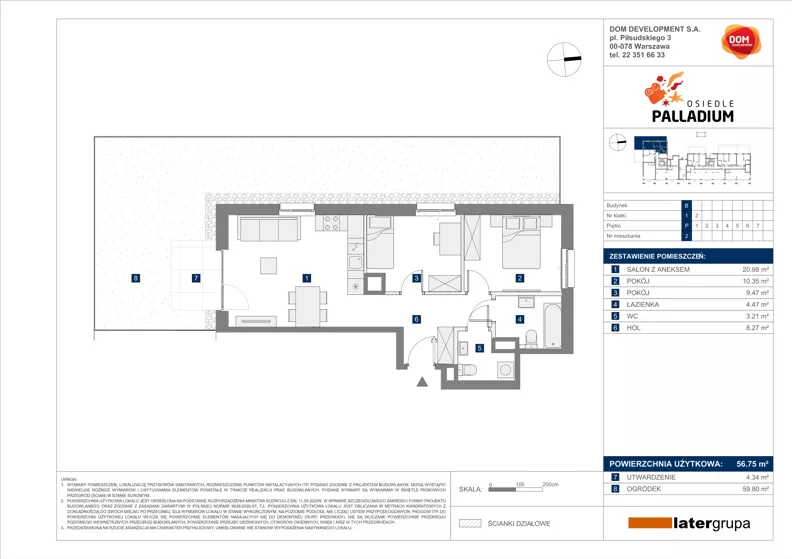 3 pokoje, mieszkanie 56,75 m², parter, oferta nr B/2, Osiedle Palladium, Warszawa, Białołęka, Nowodwory, ul. Mieczysławy Ćwiklińskiej