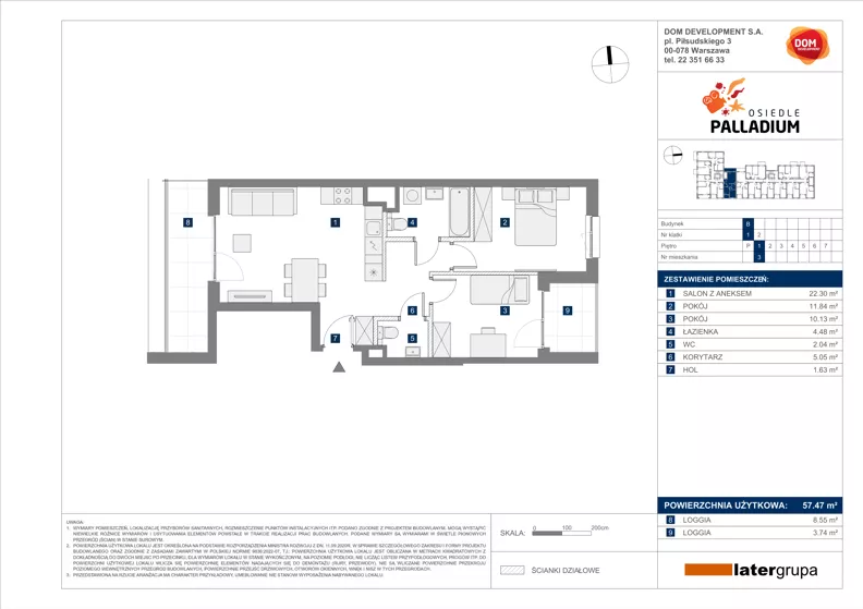 3 pokoje, mieszkanie 57,47 m², piętro 1, oferta nr B/3, Osiedle Palladium, Warszawa, Białołęka, Nowodwory, ul. Mieczysławy Ćwiklińskiej
