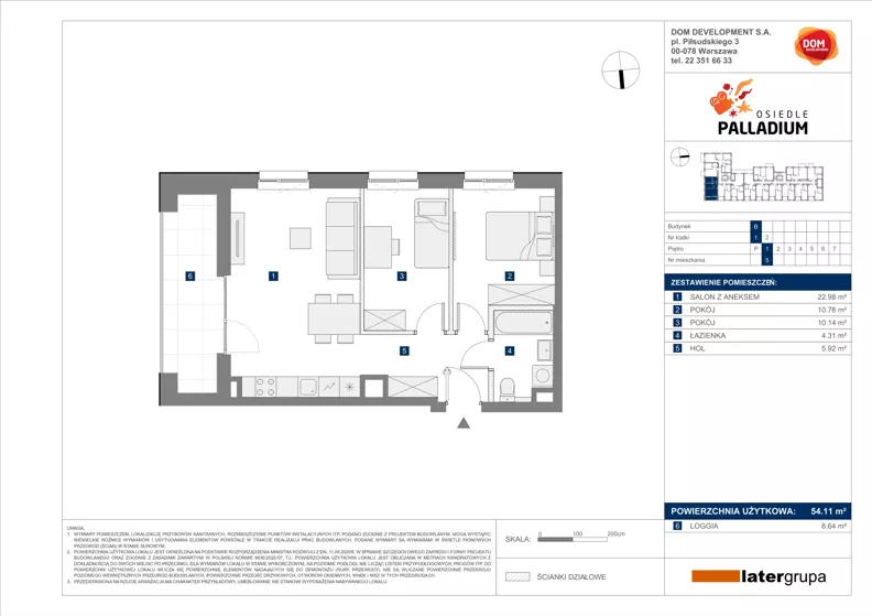 3 pokoje, mieszkanie 54,11 m², piętro 1, oferta nr B/5, Osiedle Palladium, Warszawa, Białołęka, Nowodwory, ul. Mieczysławy Ćwiklińskiej