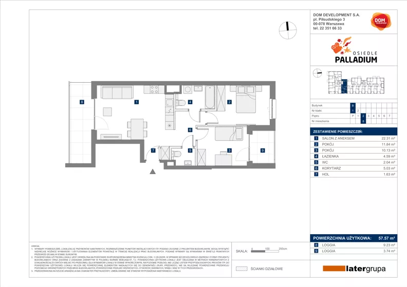 3 pokoje, mieszkanie 57,57 m², piętro 2, oferta nr B/8, Osiedle Palladium, Warszawa, Białołęka, Nowodwory, ul. Mieczysławy Ćwiklińskiej