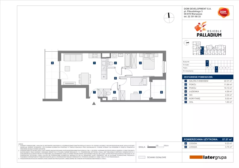 3 pokoje, mieszkanie 57,57 m², piętro 3, oferta nr B/13, Osiedle Palladium, Warszawa, Białołęka, Nowodwory, ul. Mieczysławy Ćwiklińskiej