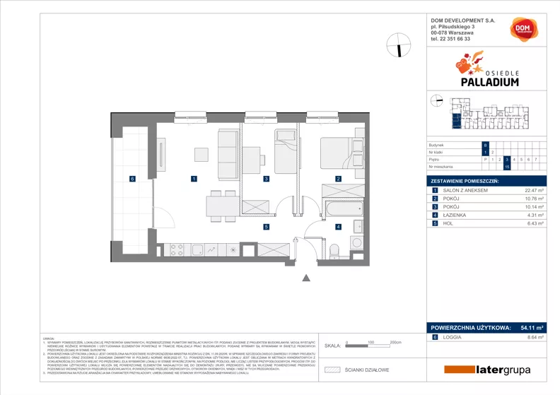 3 pokoje, mieszkanie 54,11 m², piętro 3, oferta nr B/15, Osiedle Palladium, Warszawa, Białołęka, Nowodwory, ul. Mieczysławy Ćwiklińskiej