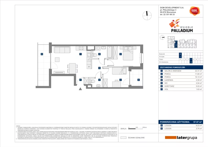 3 pokoje, mieszkanie 57,57 m², piętro 4, oferta nr B/18, Osiedle Palladium, Warszawa, Białołęka, Nowodwory, ul. Mieczysławy Ćwiklińskiej