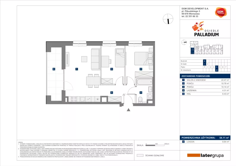 3 pokoje, mieszkanie 54,11 m², piętro 4, oferta nr B/20, Osiedle Palladium, Warszawa, Białołęka, Nowodwory, ul. Mieczysławy Ćwiklińskiej
