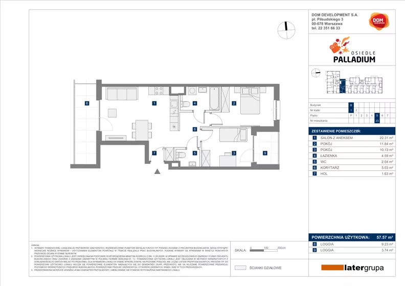 3 pokoje, mieszkanie 57,57 m², piętro 5, oferta nr B/23, Osiedle Palladium, Warszawa, Białołęka, Nowodwory, ul. Mieczysławy Ćwiklińskiej