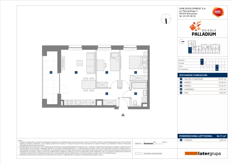 3 pokoje, mieszkanie 54,11 m², piętro 5, oferta nr B/25, Osiedle Palladium, Warszawa, Białołęka, Nowodwory, ul. Mieczysławy Ćwiklińskiej