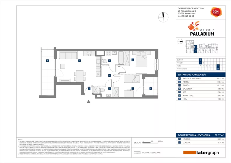 3 pokoje, mieszkanie 57,57 m², piętro 6, oferta nr B/28, Osiedle Palladium, Warszawa, Białołęka, Nowodwory, ul. Mieczysławy Ćwiklińskiej
