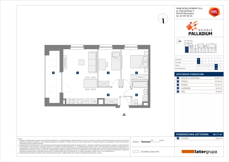 3 pokoje, mieszkanie 54,11 m², piętro 6, oferta nr B/30, Osiedle Palladium, Warszawa, Białołęka, Nowodwory, ul. Mieczysławy Ćwiklińskiej