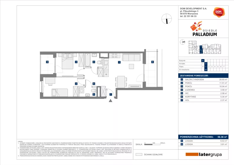 3 pokoje, mieszkanie 56,36 m², piętro 1, oferta nr B/46, Osiedle Palladium, Warszawa, Białołęka, Nowodwory, ul. Mieczysławy Ćwiklińskiej
