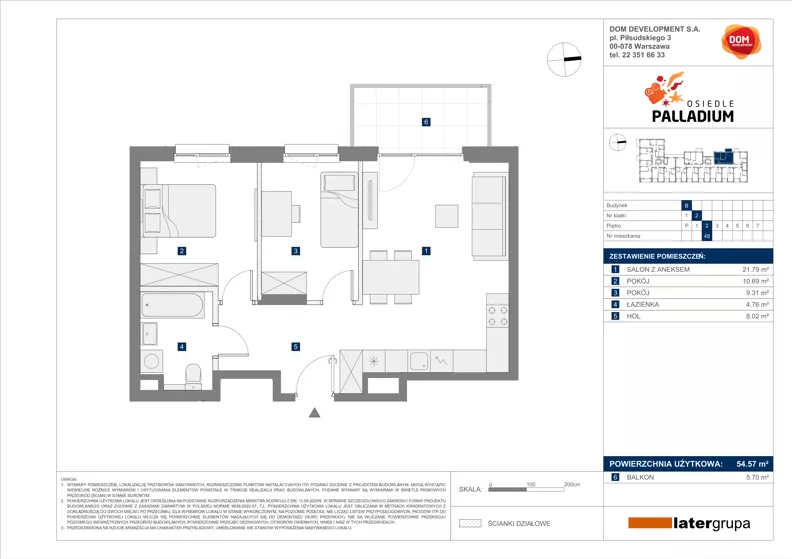 3 pokoje, mieszkanie 54,57 m², piętro 2, oferta nr B/48, Osiedle Palladium, Warszawa, Białołęka, Nowodwory, ul. Mieczysławy Ćwiklińskiej