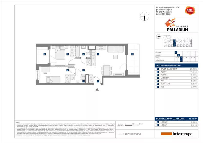 3 pokoje, mieszkanie 56,36 m², piętro 2, oferta nr B/55, Osiedle Palladium, Warszawa, Białołęka, Nowodwory, ul. Mieczysławy Ćwiklińskiej