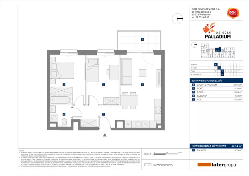 3 pokoje, mieszkanie 54,14 m², piętro 2, oferta nr B/56, Osiedle Palladium, Warszawa, Białołęka, Nowodwory, ul. Mieczysławy Ćwiklińskiej