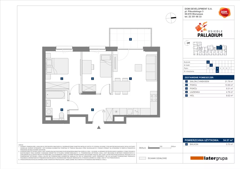 3 pokoje, mieszkanie 54,57 m², piętro 3, oferta nr B/57, Osiedle Palladium, Warszawa, Białołęka, Nowodwory, ul. Mieczysławy Ćwiklińskiej